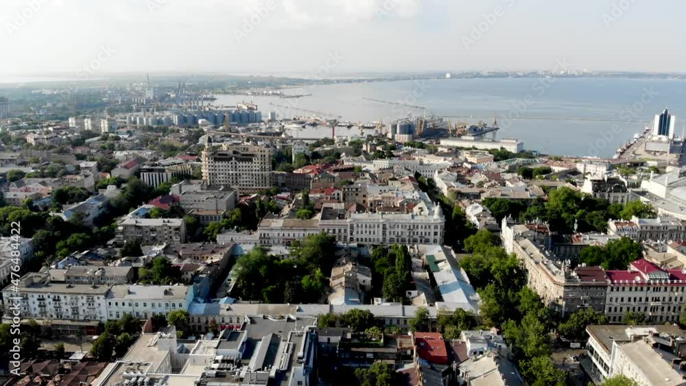 Drone shot Odessa. Drone view of a port city on the Black Sea in the southern part of Ukraine. 19th century architecture in Odessa. View from the drone to the sea and the port of Odessa. Drone shot Odessa. Drone view of a port city on the Black Sea in the southern part of Ukraine. 19th century architecture in Odessa. View from the drone to the sea and the port of Odessa.