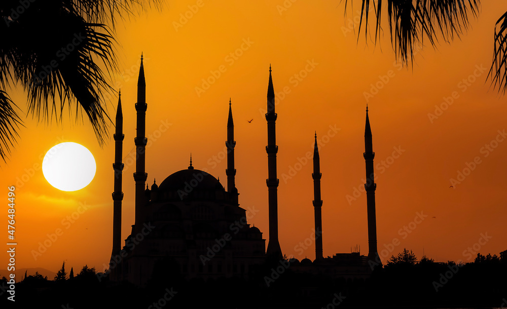 Adana / Turkey, Sabanci Central Mosque night view. Travel concept photo.