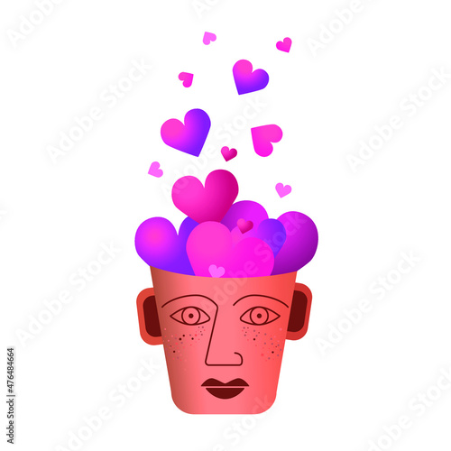 Hearts in a Head. Love Symbol. Full of love. Emotions, meditation. Isolated on white background. Perfect for Valentine's Day. Eps 8