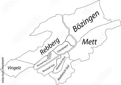 Simple white vector map with black borders and name tags of urban city districts of Biel-Bienne  Switzerland