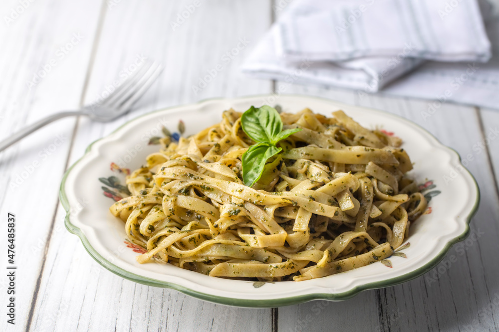 Italian pasta; Tagliatelle with Pesto Sauce