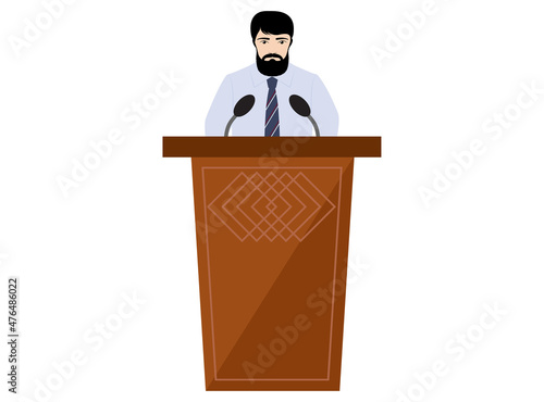 Man speaker talking from the rostrum tribune, vector illustration