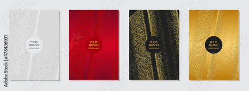 Vector set of cover design. Multicolored backgrounds, golden texture. Geometric 3D pattern. Creative grunge collection. Vertical templates for catalog, brochure template, magazine layout, booklet.