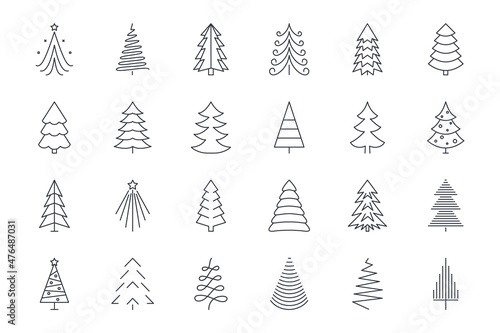 Vector Christmas tree icons. Editable stroke. Winter holidays decoration, Christmas and New Year celebration. Stock illustration on a white background. Snow season design elements