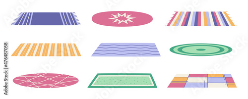 Collection of home carpets flooring. Elements of decoration yoga mat rug. Interior design of the apartment. Colored flat Stock illustration on white background
