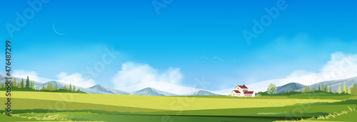 Spring landscape in countryside with farmhouse  green meadow on hills  blue sky and clouds Vector cartoon Summer or Spring Panoramic village with grass field and wildflower  Holiday natural background
