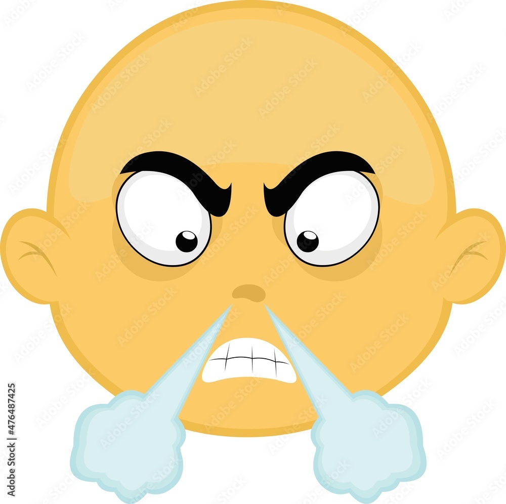 Vector illustration of the face of a yellow and bald cartoon character, with an angry expression and fuming Vector illustration of the face of a yellow and bald cartoon character, with an angry expression and fuming