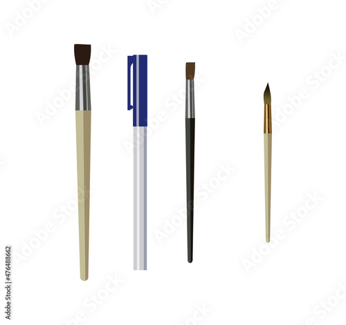 Brushes and pen. Collection of objects for drawing and caligraphy. Writing materials, creativity, sketching and painting. Materials for artist, sticker or icon. Cartoon flat vector illustration