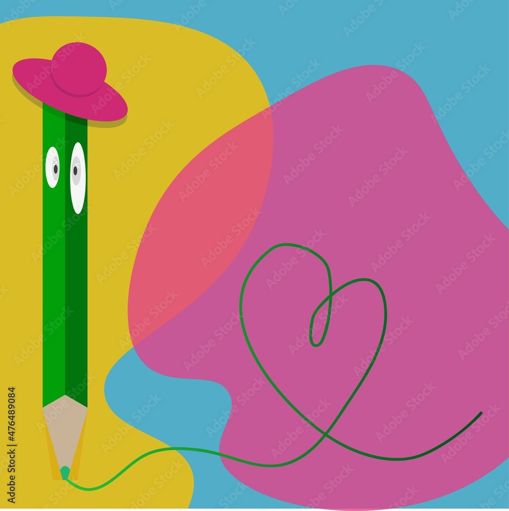cheerful pencil in hat painted heart on yellow and pink background