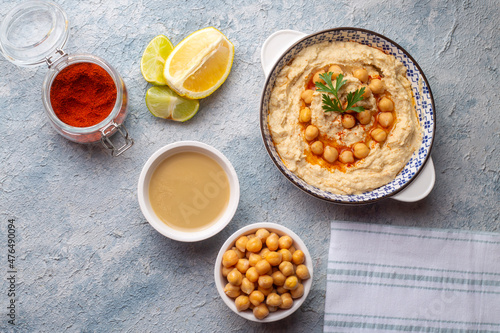 Hummus, chickpea on plate, traditional delicious Turkish food (Turkish name; Humus)