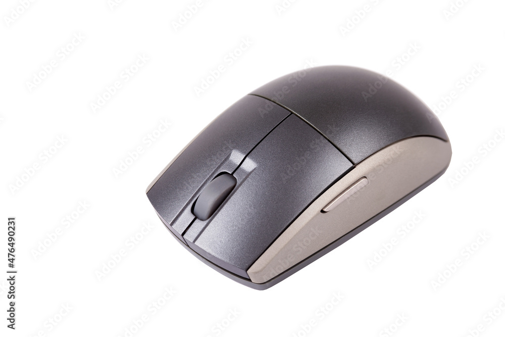 Simple gray wireless computer mouse, plain grey desktop PC mouse, object isolated on white, cut out, closeup, design element. Tech accessories and office workplace equipment concept, nobody, side view Simple gray wireless computer mouse, plain grey desktop PC mouse, object isolated on white, cut out, closeup, design element. Tech accessories and office workplace equipment concept, nobody, side view