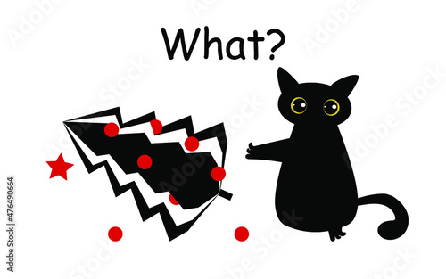 A funny mischievous black cat dropped a Christmas tree with balls and looks in surprise and asks What? Festive new year card with animal. Vector.