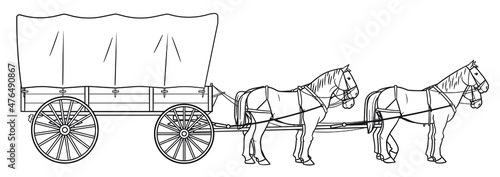 Covered wagon with four horses stock illustration.