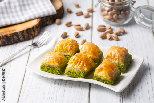 Traditional delicious Turkish dessert; pistachio baklava (Turkish name; kuru baklava)