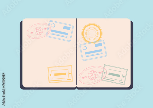 Travel album in passport. Document confirming flight to different countries. Travel and adventure. International tourism, flying abroad, passport control, global. Cartoon flat vector illustration