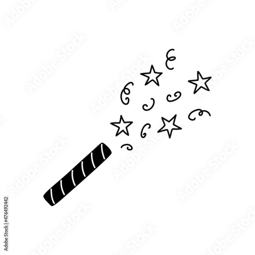 Hand drawn cartoon illustration of outline exploding party popper with confetti. Cute doodle simple petard, firecracker line art. Flat vector pyrotechnics, festive sticker, icon or print. Isolated.