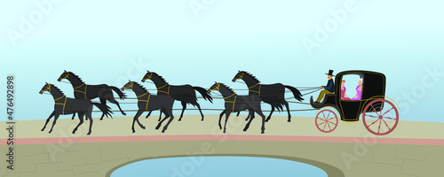 A carriage with six black horses. The crew of the nineteenth century. Vector illustration.