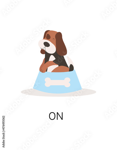 Dog on bowl. Picture for schoolchildren and preschoolers. English grammar teaching, visualization, scenes from life of animals. Cute characters, feed, meal, mammal. Cartoon flat vector illustration