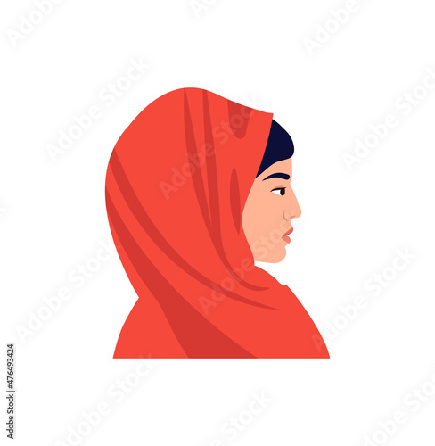 Caucasian woman in paranja. Stylish profile portrait. Graphic elements for cosmetics salon. Website design, people and society. Covered girl, equality, rights. Cartoon flat vector illustration