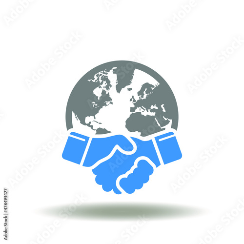 Vector illustration of earth planet with handshake. Icon of settlement agreement. Symbol of international global deal. Outsourcing sign.