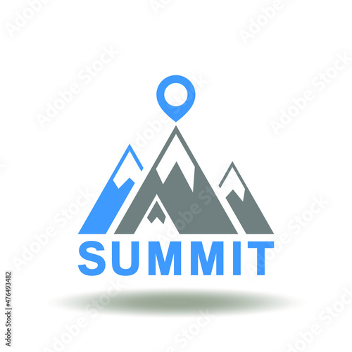 Vector illustration of mountain with location pointer and summit word. Symbol of summit. Icon of governance political international high level conference.