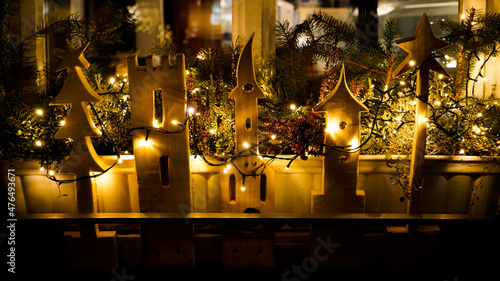 Lighted window decoration for Christmas made of wood
