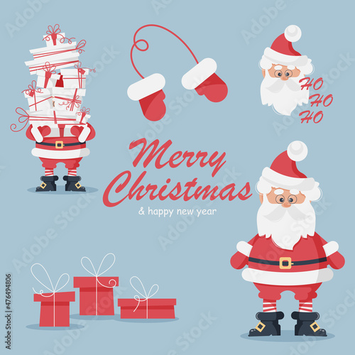 Christmas and New Year elements set. Cute Santa Claus with glasses, beard and moustache, in his Santa suit and red mittens, black boots and buckle belt, holding boxes with gifts, saying ho-ho-ho.