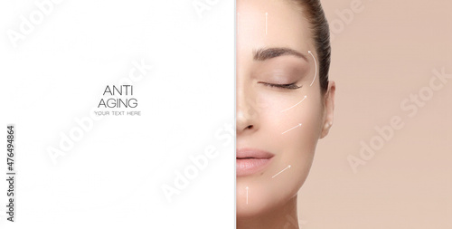 Face lift and Anti Aging Treatment. Beauty Face Spa Woman with Lifting Arrows. Youth and skin care concept