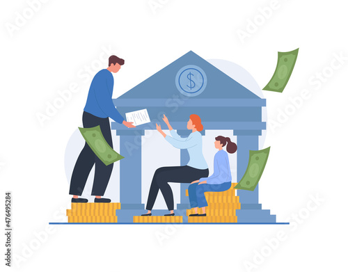 Childcare subsidy concept. Man brings money to mother and daughter. Financial assistance from state to incomplete and young families. Charity, donations, support. Cartoon flat vector illustration