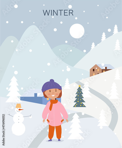 Girl in winter park. Character in warm clothes standing in snow. Poster, banner and background. December, January and February. Person sculpts snowman, holiday. Cartoon flat vector illustration