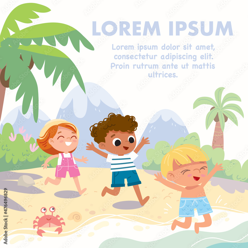 Vector illustration. Joyful children enjoying summer vacation, rest, sunbathing on the seaside at tropical resort. Kids bathing and swimming in blue water in tropical sea with palm trees on background Vector illustration. Joyful children enjoying summer vacation, rest, sunbathing on the seaside at tropical resort. Kids bathing and swimming in blue water in tropical sea with palm trees on background