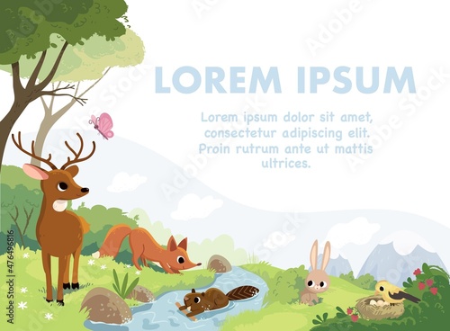 Cartoon vector animals. Forest fauna. Forest inhabitants. Green valley landscape and river, forest and mountains. Northern national park. Little brown baby bambi deer. Flat vector.