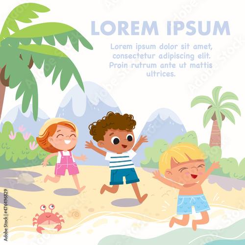 Vector illustration. Joyful children enjoying summer vacation, rest, sunbathing on the seaside at tropical resort. Kids bathing and swimming in blue water in tropical sea with palm trees on background