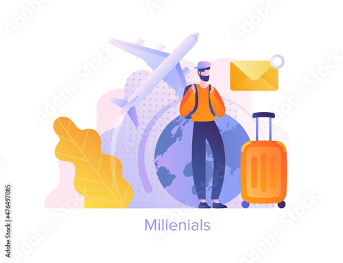 Concept of millenials. People born in 21st century. Man preparing to travel by plane. Modern generation and youth. Market research and targeting. Baggage, tourist. Cartoon flat vector illustration