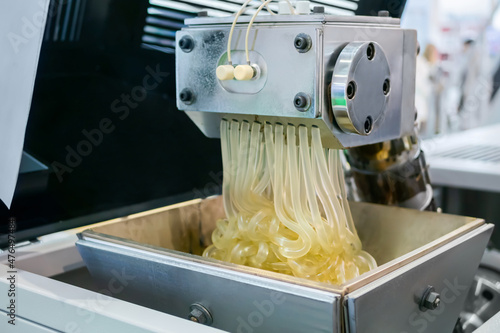 Принти на полотні Waste plastic recycling machine: process of melting polyethylene at plant, factory - close up view