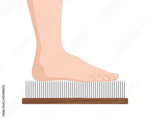 Sadhu board with human foot. Feet standing on nails bed. Yoga exercise and spiritual meditation practice desk. Alternative medicine and treatment vector eps illustration. Side view