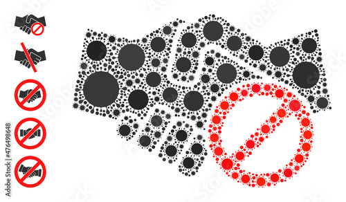 Avoid handshake mosaic icon. Vector mosaic done of randomized coronavirus elements. Coronavirus collage avoid handshake icon and bonus icons. Avoid handshake collage for pandemic templates.