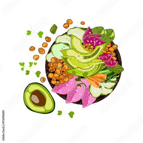 Vegan detox Buddha bowl with chickpeas, avocado, radishes, carrots, herbs and sesame seeds drawn in realistic cartoon style on a white background.Vector food illustration top view.Healthy food concept