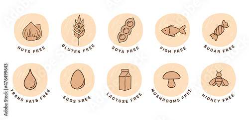 Hand drawn allergens icon. Collection of gluten free, fish, egg, nuts, soya, milk, dairy free icons, sticker and symbols