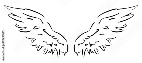 White angel wings, hand drawn monochrome vector illustration