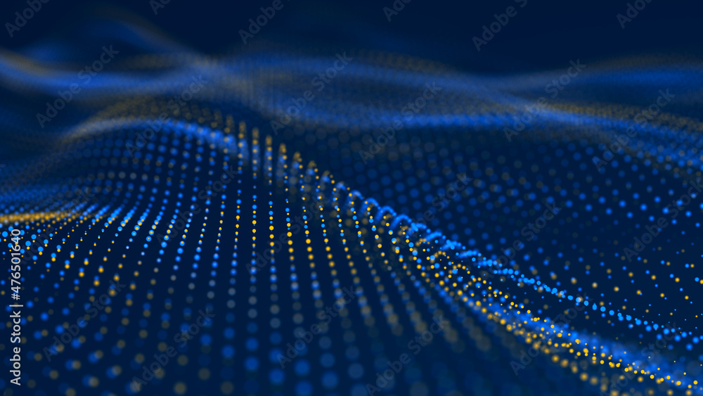 Particle stream. Blue wave background with many glowing particles. Information technology background. 3d rendering.
