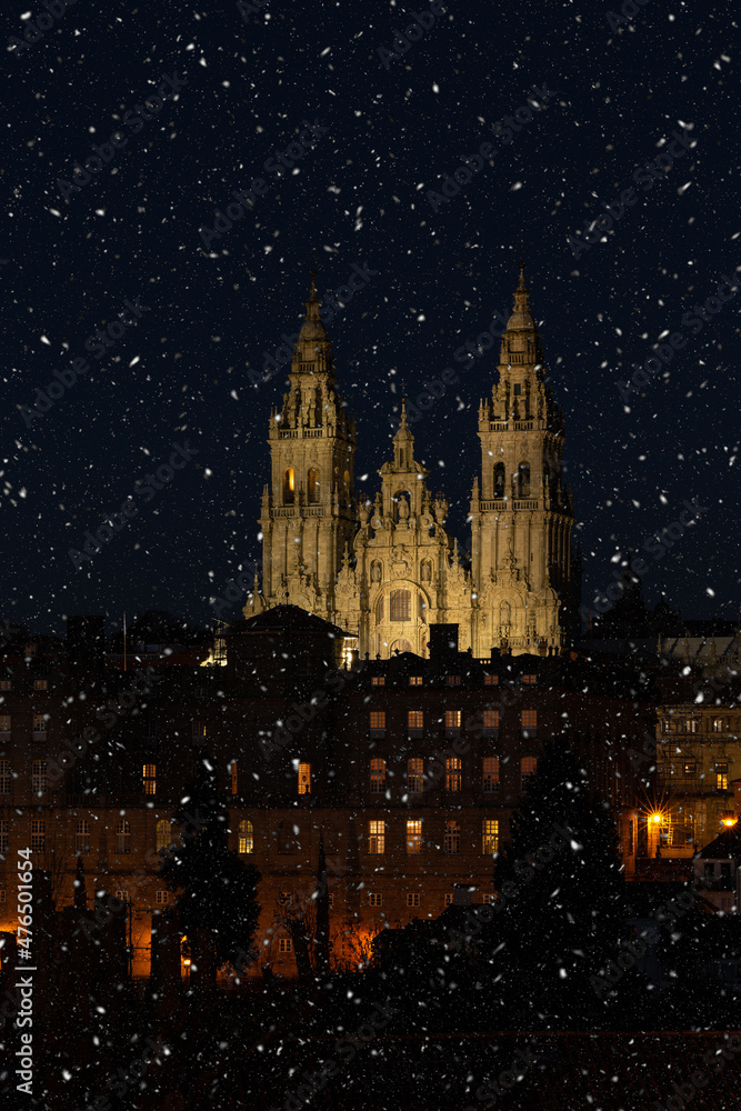 Cathedral of Santiago de Compostela by night during Christmas Eve, Galicia, Spain.