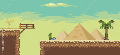 Pixel art desert game scene with  , pyramid, bridge, palm tree, cactuses, direction board 8bit background