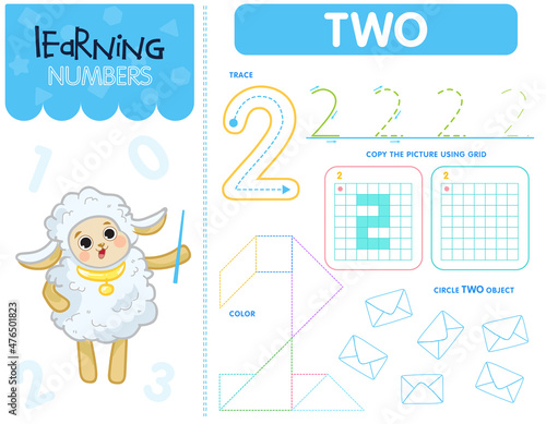 Worksheet for learning numbers. Number 2. Kids learning material and game
