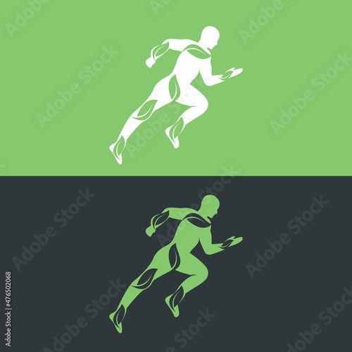 Green leaf runner logo concept design. Physiotherapy treatment concept vector design.