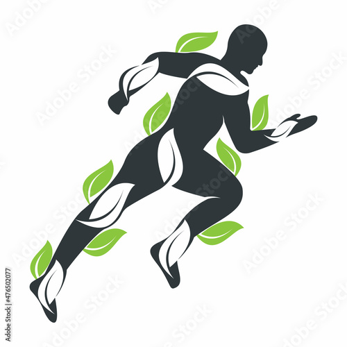 Green leaf runner logo concept design. Physiotherapy treatment concept vector design.