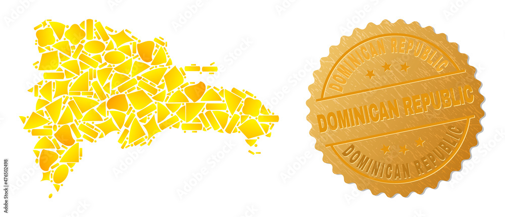 Golden combination of yellow items for Dominican Republic map, and golden metallic Dominican Republic stamp seal. Dominican Republic map composition is done of randomized gold elements. - obrazy, fototapety, plakaty 