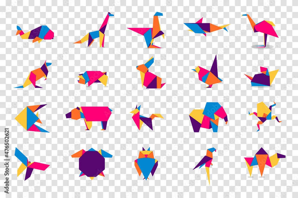 Set animals origami. Abstract colorful vibrant animals logo design. Animal origami. Vector illustration
