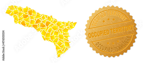 Golden mosaic of yellow spots for Abkhazia map, and golden metallic Occupied Territory seal. Abkhazia map mosaic is organized of scattered golden parts.
