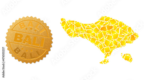 Golden combination of yellow fractions for Bali map, and gold metallic Bali stamp seal. Bali map collage is designed of randomized golden particles.